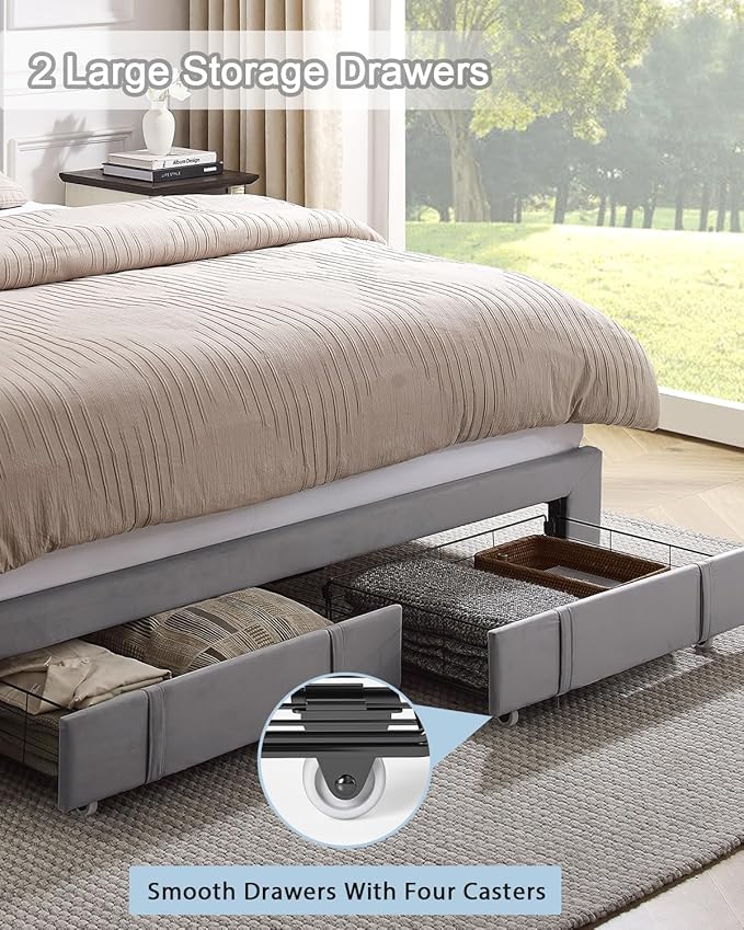 King Size Bed Frame, Velvet Upholstered LED Platform Bed with Headboard Storage, King Bed Frame Built-in Charging Station with 2 Drawers, Wood Slat Support, No Box Spring Needed, Grey