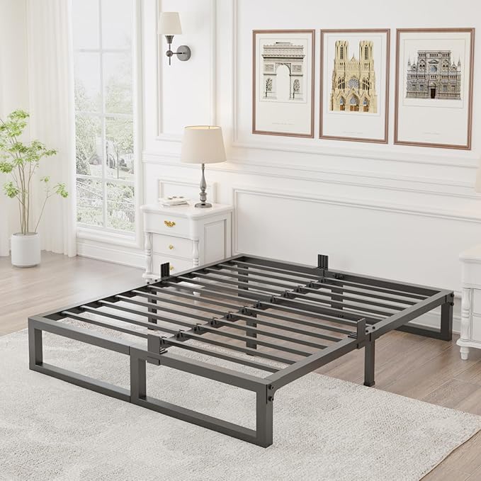 10 inch Queen Bed Frame Low Profile Metal Platform with Mattress Slide Stopper,Heavy Steel Slats Support Frames,No Box Spring Needed,Noise Free,Non-Slip,Easy Assembly