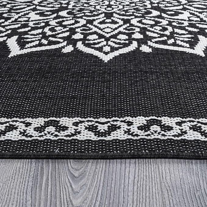 CAMILSON Outdoor Rug, 6x9 Medallion Black White Modern Area Rugs for Indoor and Outdoor Patios, Kitchen and Hallway Mats, Washable Porch Deck Outside Carpet (Medallion Black, 6 x 9)