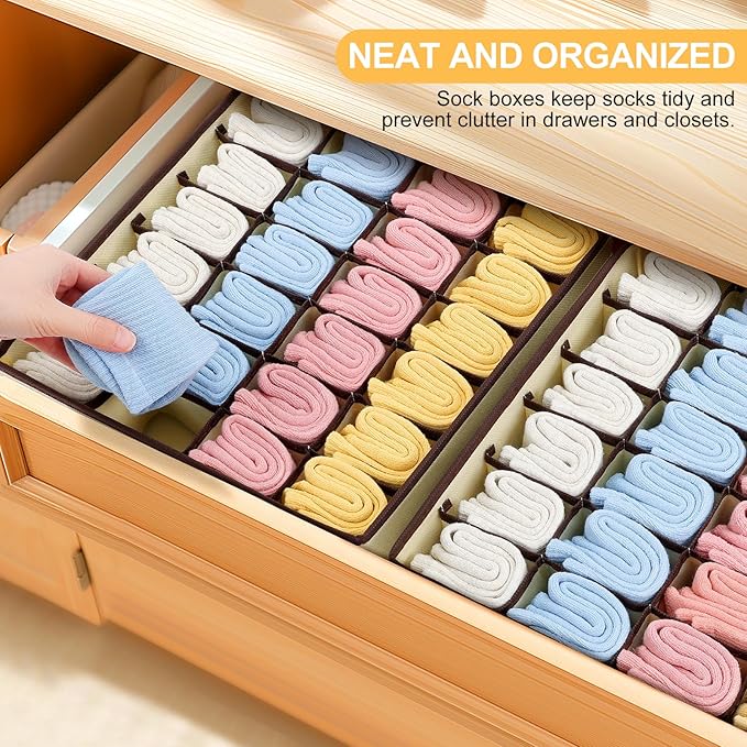 Sock and Underwear Organizer 2 Pack, 24 Cell Foldable Drawer Storage for Socks, Ties, Belts (Beige)