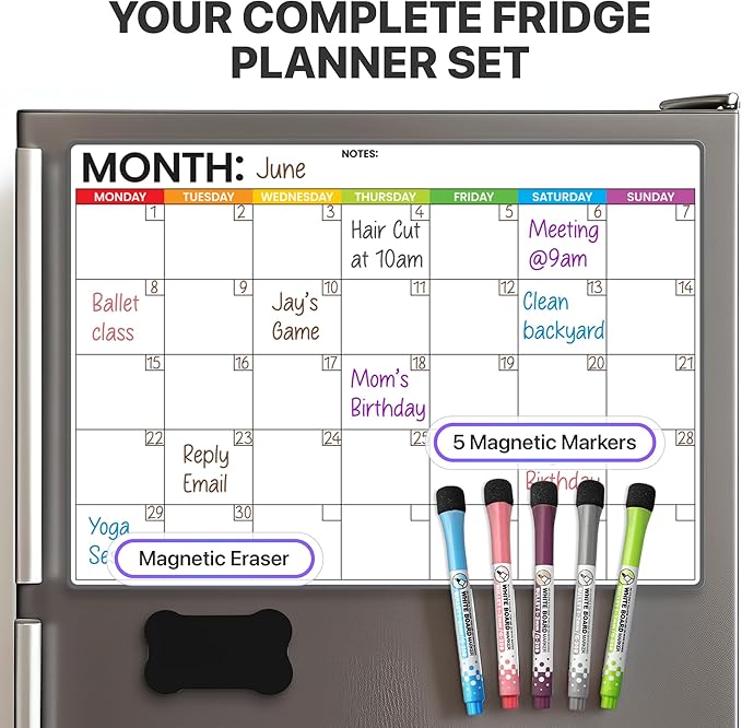 Refrigerator Calendar Magnetic Dry Erase - 17" x 12" Magnet Calendar for Fridge, Monday Start | Family Schedule Board, to-Do List & Work | Include 5 Markers & Eraser by Freedom Mastery