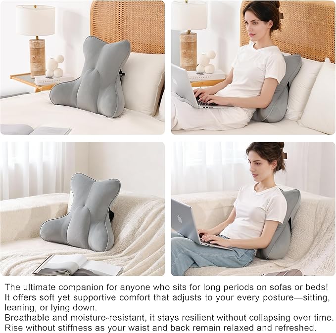 Lumbar Support Pillow(Pat. Pend) – Multi-Functional Ergonomic Back Cushion for Office Chair, Car Seat & Sofa, Reading Pillow with Firm Multi-Zone Support to Relieve Lower Back Pain,Zinc Gray