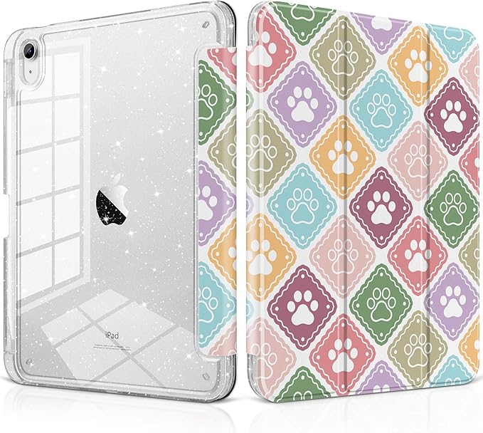 MEEgoodo Case for iPad A16 11th Generation 2025/10th Generation 2022 Glitter Tablet Cases with Transparent Acrylic Back+Trifold Stand +Pencil Holder+Auto Wake/SleepAbstract Sun &amp Palm Tree