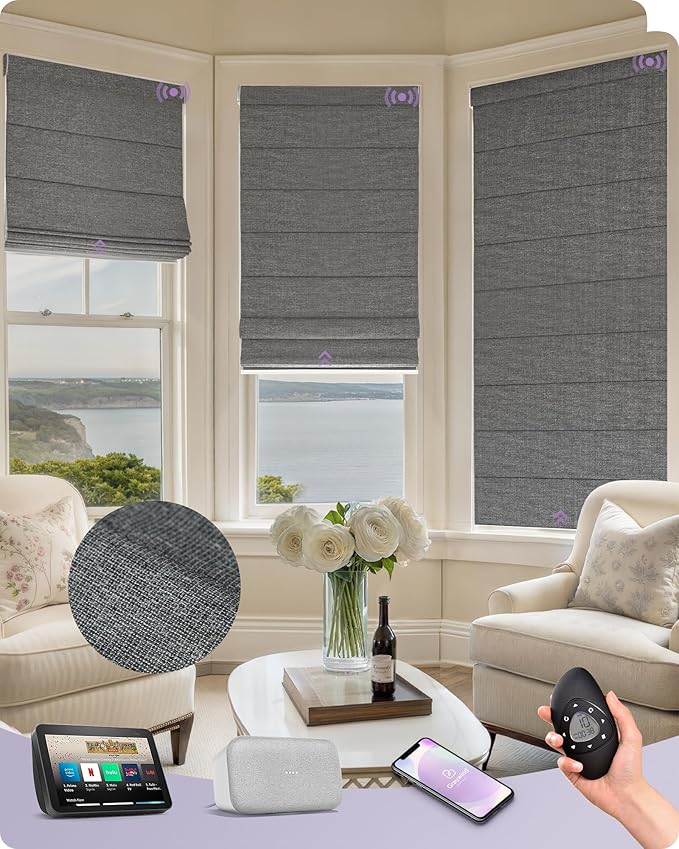 Graywind Smart Roman Shades 100% Blackout Compatible with Alexa Google Rechargeable Motorized Window Blinds Remote Control Room Darkening Plain Fold, Custom Size (Textured Black)