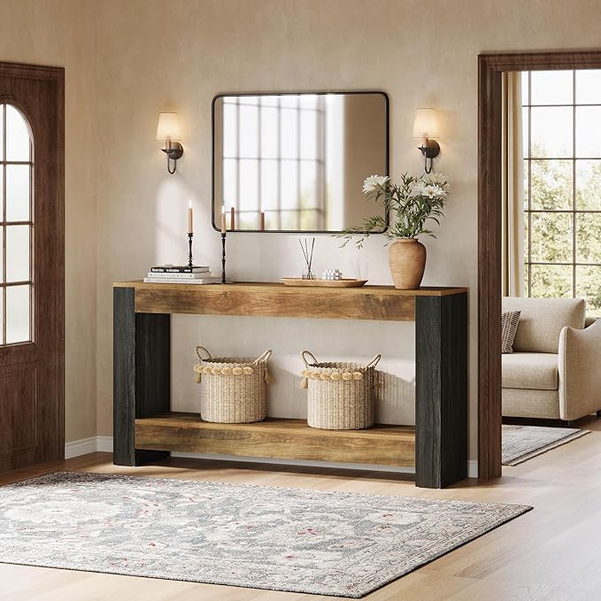 Tribesigns 63-Inch Long Console Table for Entryway, Farmhouse Wood Sofa Table Behind Couch for Living Room, Hallway, Entrance, Foyer, Rustic Brown & Black