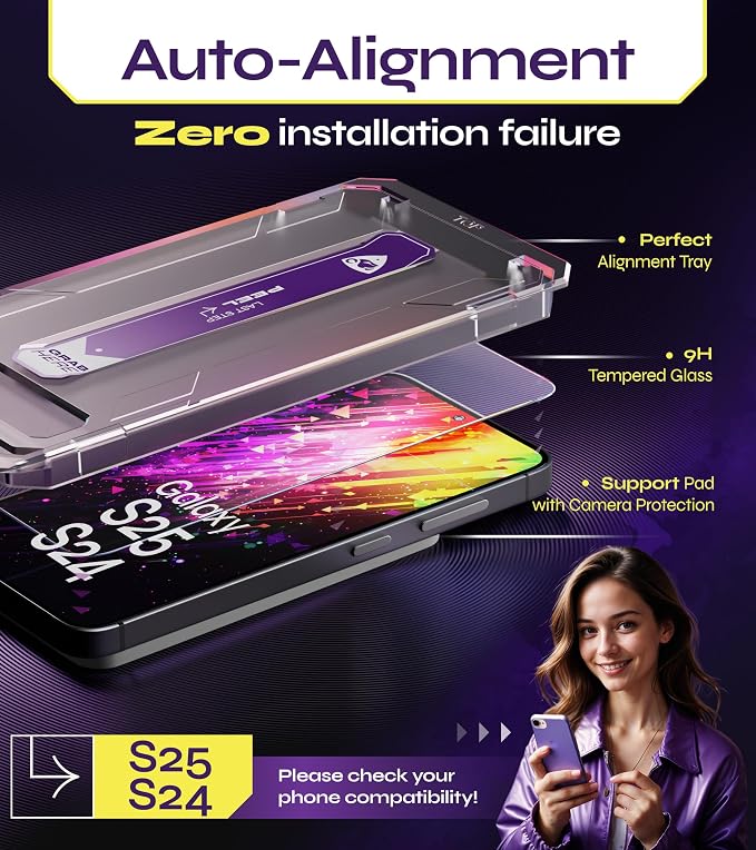 Defenslim for Samsung GALAXY S25 / S24 Screen Protector (2Pack) Easy Auto-Dust &amp Align Install Kit 6.2 Tempered Glass 9H Hardness Ultra HD Clear Case Friendly WonderShield
