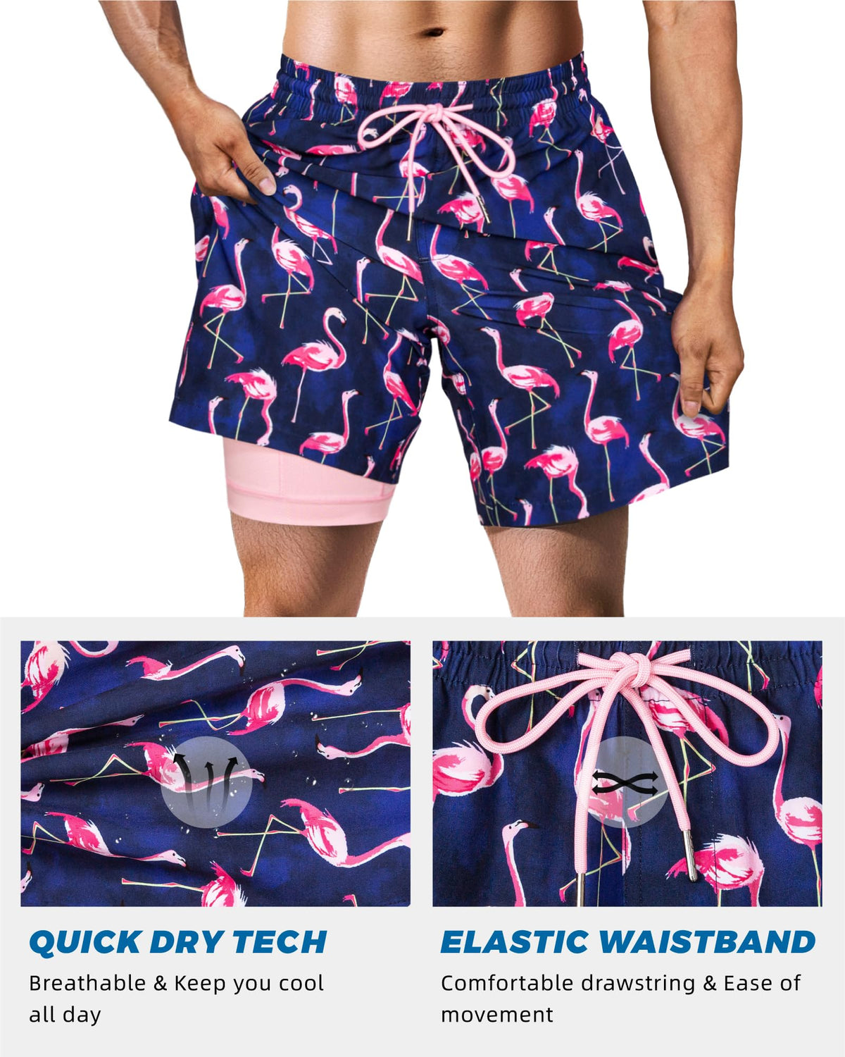 SURF CUZ Mens Swim Trunks with Compression Liner Quick Dry Swim Shorts 7" Swimming Trunks Stretch Bathing Suit 7 Inch,Flamingo Pink,XL