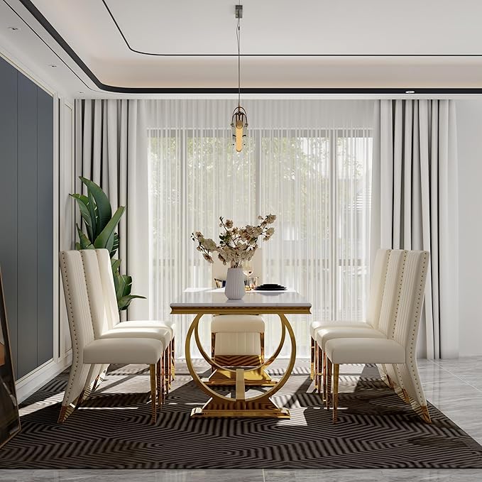 Dining Chairs, White Faux Leather Upholstered Dining Chair with Nailhead Trims, Gold Dining Room Chairs Set of 6