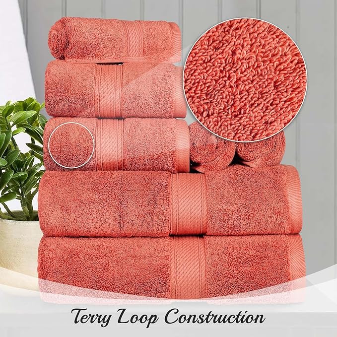 Superior Egyptian Cotton Pile Bath Towel Set of 2, Ultra Soft Luxury Towels, Thick Plush Essentials, Absorbent Heavyweight, Guest Bath, Hotel, Spa, Home Bathroom, Shower Basics, Coral