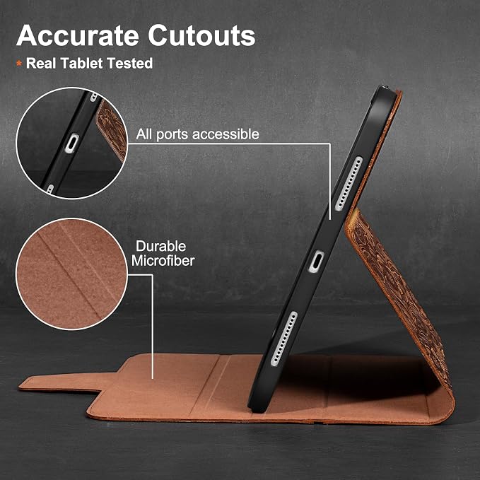Gexmil Leather Case for iPad Pro 11 Inch M5/M4 2025/2024Crocodile Brown | Genuine Leather CoverPencil HolderMagnetic ClosureSmart Folio Auto Sleep/WakeProtectiveAdjustable Stand