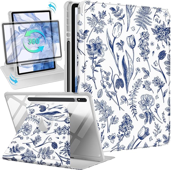 Wazzasoft for Samsung Galaxy Tab S7/S7 Plus/S8 Plus Case - 12.4 Inch Folio Cover with Pencil Holder - Women/Girl Cute Girly Black Flower Unique Design - Rotating Tablet Case