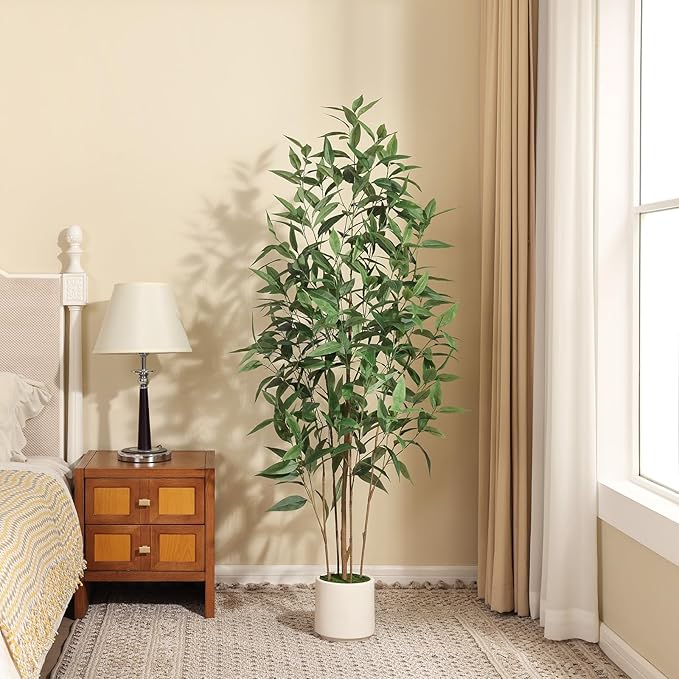Artificial Eucalyptus Tree，5FT UV Resistant Fake Outdoor Plants,Artificial Plants Indoor with White Planter,Silk Leaves,Faux Tree for Home Decor Floor Porch Liveing Room
