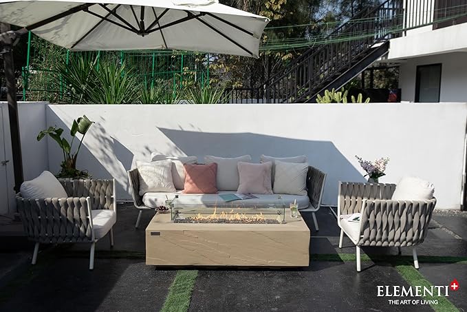 Elementi+ | Bundle Colorado Gas Fire Pit Cast Concrete 56" Rectangular Fire Table | Electronic Ignition | Canvas Cover, Fire Glass and Burner Lid Included | Sunlight Yellow | Natural Gas