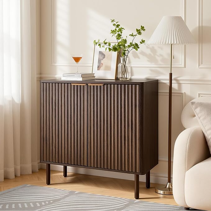 VEVOR Buffet Cabinet, Sideboard Cabinet with 2-Tier Storage, Coffee Bar Cabinet with Adjustable Shelves, Fluted Sideboard Buffet for Hallway, Entryway, Living Room, or Kitchen, Walnut