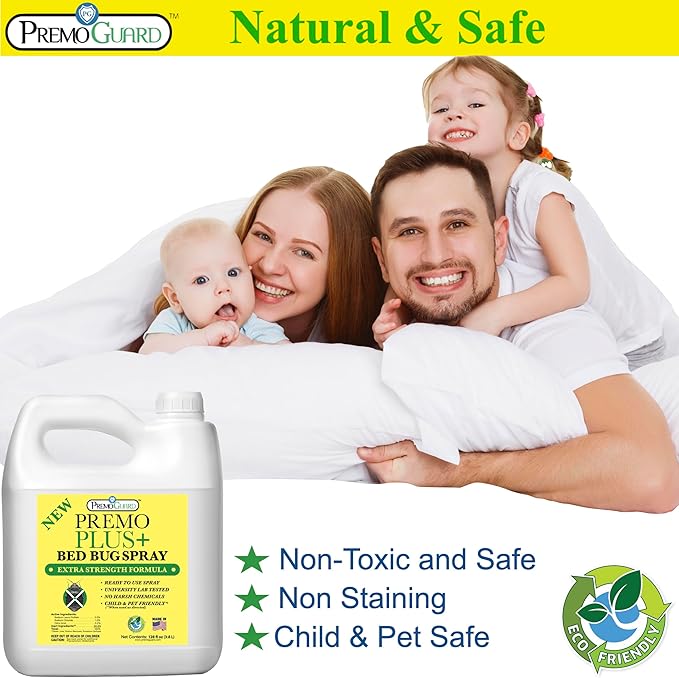 Premo Plus+ Bed Bug Spray Extra Strength – 128 oz – Fast Acting Bed Bug Treatment & Killer – Stain & Scent Free – Child & Pet Safe – Powerful New Stronger Formula – Natural with No Harmful Chemicals