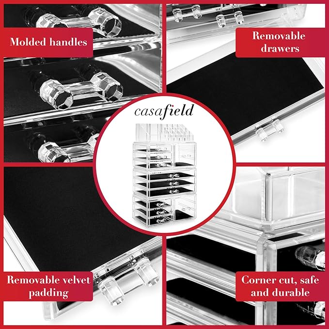 Casafield Acrylic Cosmetic Makeup Organizer & Jewelry Storage Display Case - Large 16 Slot, 2 Box & 9 Drawer Set - Clear