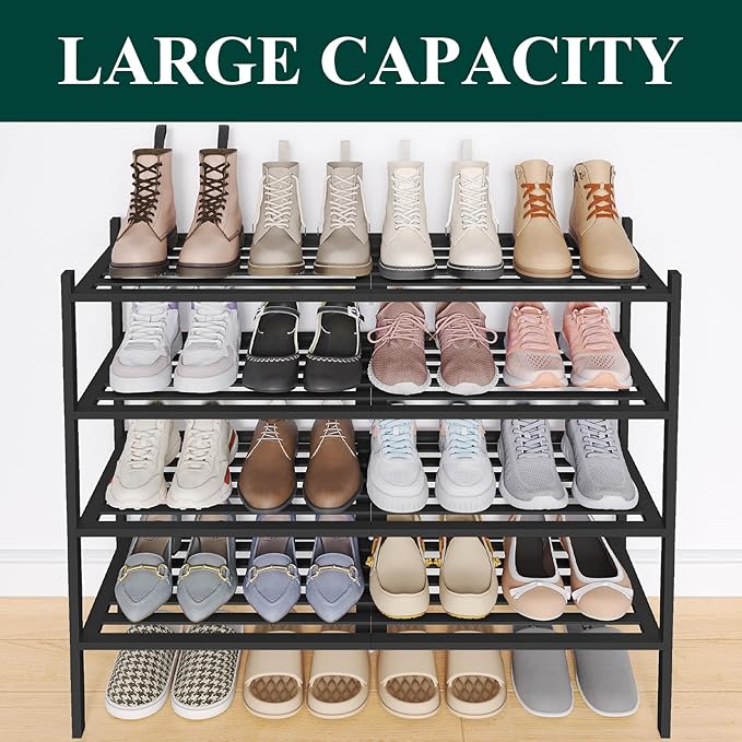 Smiry Long Bamboo Shoe Rack 4-Tier, Stackable Wooden Shoe Organizer for Entryway & Closet, Free Standing Wood Shoe Storage Shelf for Front Door & Small Spaces, Black