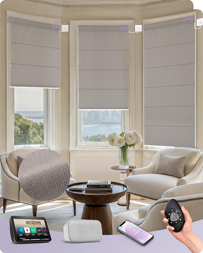 Graywind Smart Roman Shades Compatible with Alexa Google WiFi Hardwired Automatic Blinds with Remote Blackout Plain Fold Soft Roman Window Shades for Windows Doors, Custom Size (Textured Taupe)