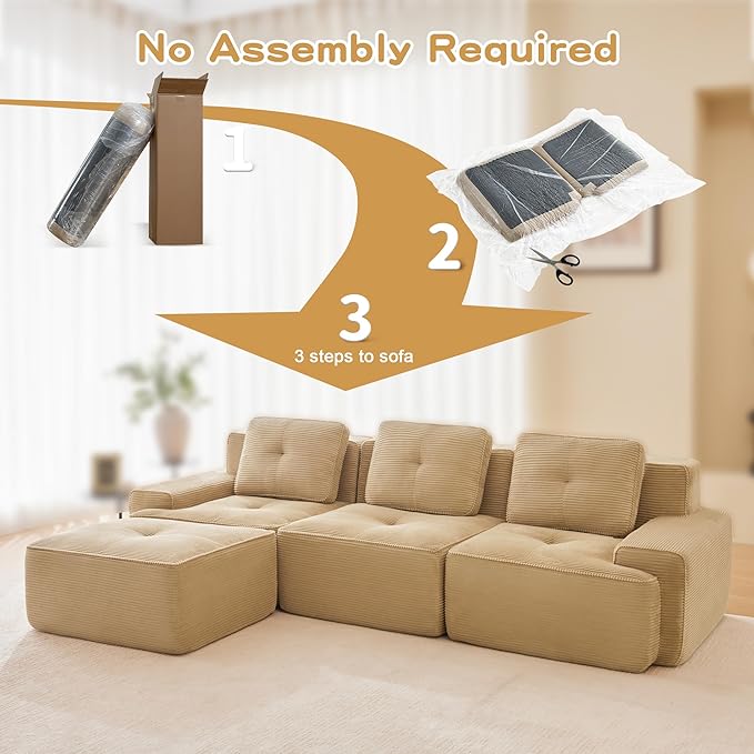 115.3'' Sectional Sofa, 32D Foam Corduroy Boneless Couch with Pillow, Deep Seat Wide Arm Sectional L Shaped Couch for Living Room, Apartment, Bedroom