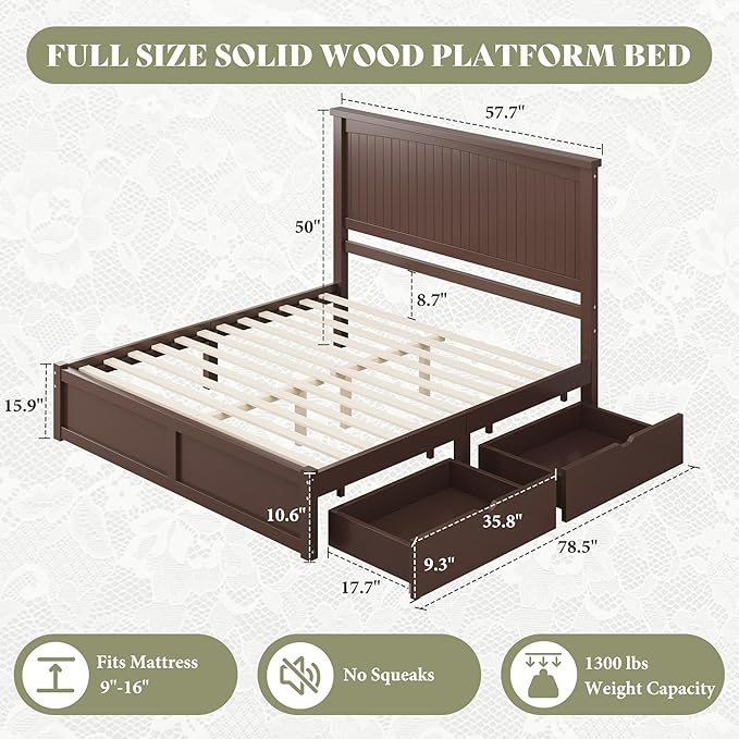 AMERLIFE Full Size Solid Wood Bed Frame with 50" Tall Headboard, Mid-Century Modern Bed with Storage, Wooden Platform Bed with 2 Drawers, No Box Spring Needed, Espresso