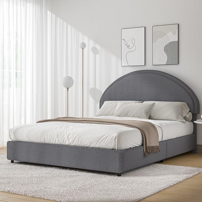 Full Size Bed Frame, Upholstered Platform Bed with Headboard, Boucle Bed Frame with Round Conner, No Box Spring Required, Easy Assembly, Grey
