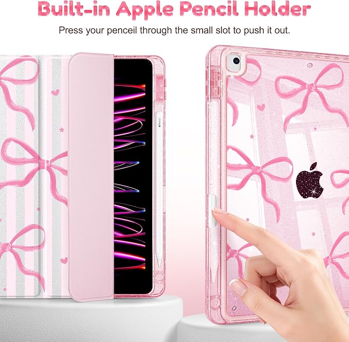 Case for iPad 9th/ 8th/ 7th Generation 10.2-Inch Case(2021/2020/2019 Release) Glitter Tablet Cases with Transparent Acrylic Back+Trifold Stand+Pencil Holder+Auto Wake/Sleep Bows-Stripe