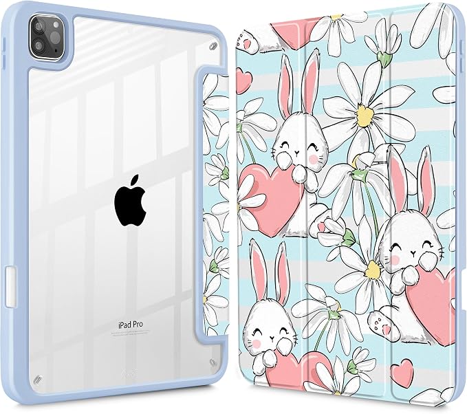 May Chen Case for iPad 12.9 Inch (6th/5th/4th/3rd Generation 2022/2021/2020/2018) Pencel Holder + Trifold Support Auto Sleep/Wake Transparent Shockproof Back Cover Blue Bows
