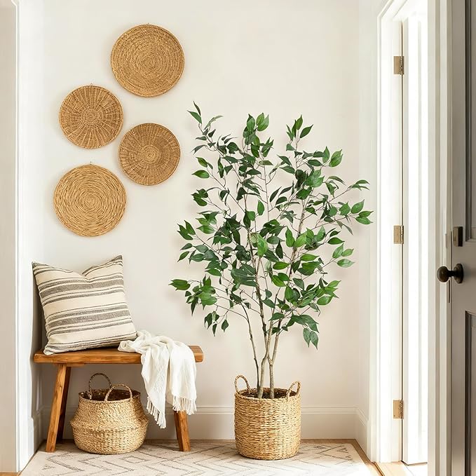 5FT Ficus Trees Artificial Indoor, Faux Silk Plant with Natural Wood Trunk and Lifelike Fruits, Black Imitation Ceramic Planter with Green Fake Moss for Modern Home Office Living Room Decor