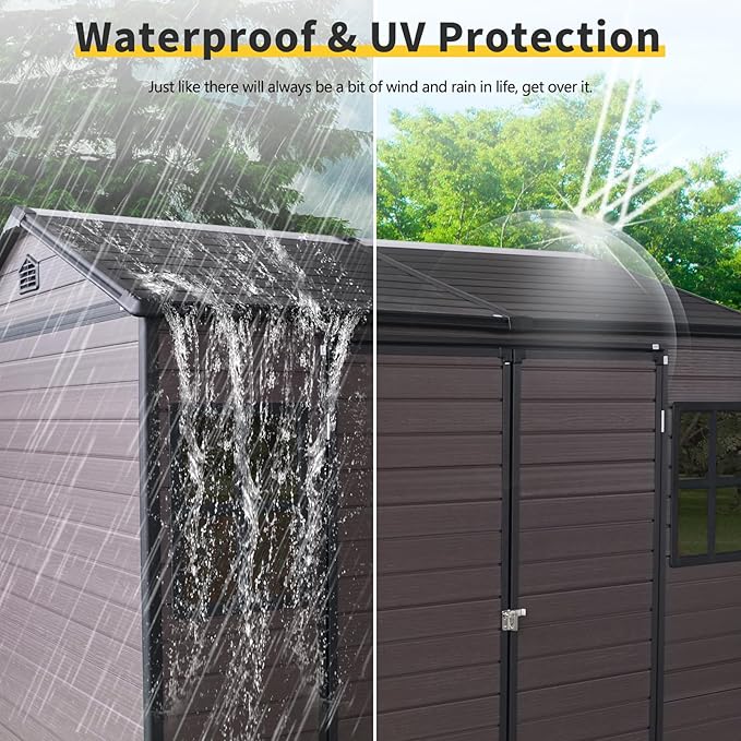 8x6 FT Outdoor Storage Resin Shed with Floor, Plastic Garden Tool Shed with Sloped Roof, Lockable Door & Windows, Easy to Assemble Bike Shed for Lawn, Backyard, Patio, Brown