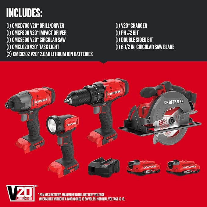 CRAFTSMAN V20 MAX Power Tool Combo Kit, 4-Tool Cordless Power Tool Set (CMCK401D2AM)