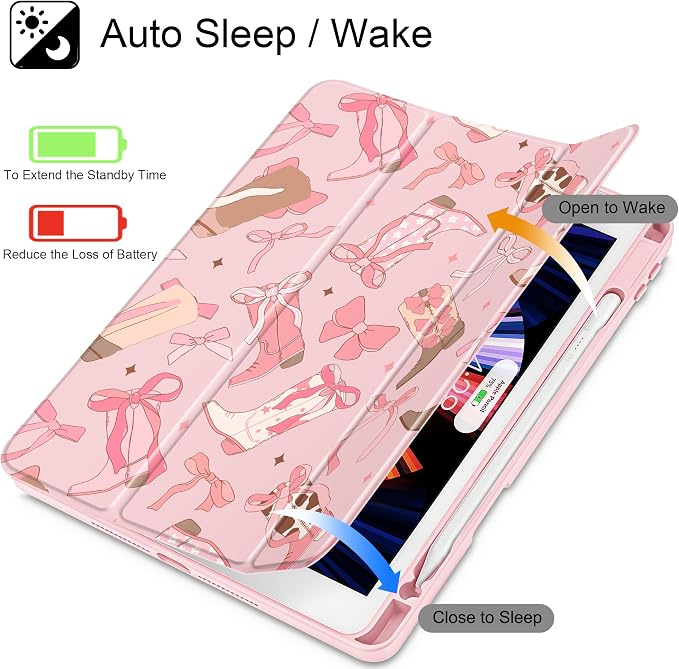 Case for iPad 9th/8th/7th Generation 10.2-Inch (2021/2020/2019 Release) with [Built-in Pencil Holder] Shockproof Cover with Clear Transparent Back Shell &amp Auto Wake/Sleep - Blue Bows