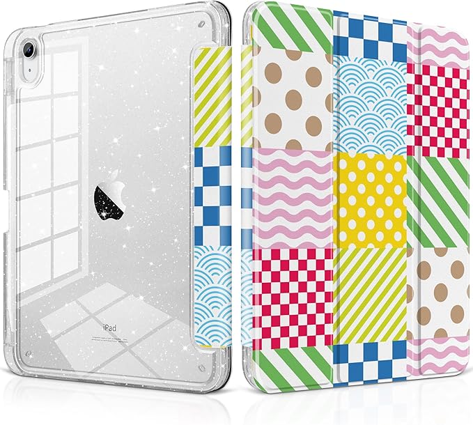MEEgoodo Case for iPad A16 11th Generation 2025/10th Generation 2022 Glitter Tablet Cases with Transparent Acrylic Back+Trifold Stand +Pencil Holder+Auto Wake/SleepAbstract Sun &amp Palm Tree