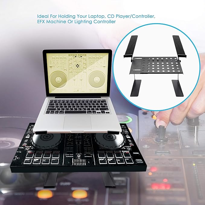 Pyle Portable Adjustable Laptop Stand - 6.3 to 10.9 Inch Standing Table Monitor or Computer Desk Workstation Riser with Shelf Storage and Height Alignment for DJ, PC, Gaming, Home or Office - PLPTS26