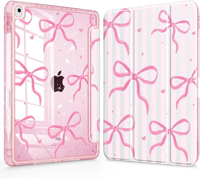 Case for iPad 9th/ 8th/ 7th Generation 10.2-Inch Case(2021/2020/2019 Release) Glitter Tablet Cases with Transparent Acrylic Back+Trifold Stand+Pencil Holder+Auto Wake/Sleep Bows-Stripe