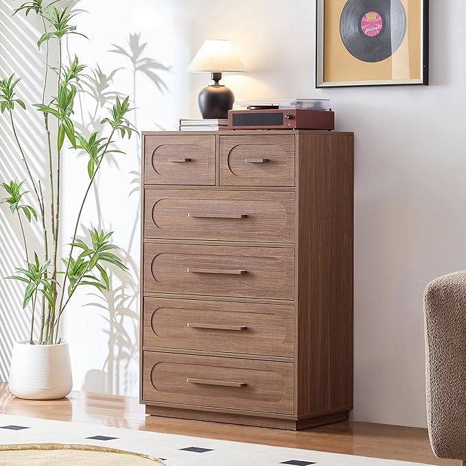 Walnut 6 Drawer Dresser for Bedroom, 44" Tall Dressers & Chest of Drawers w/Solid Wood Handle, Wood Mid Century Closet Organizers and Storage Cabinet for Bedroom, Living Room, Hallway, Walnut