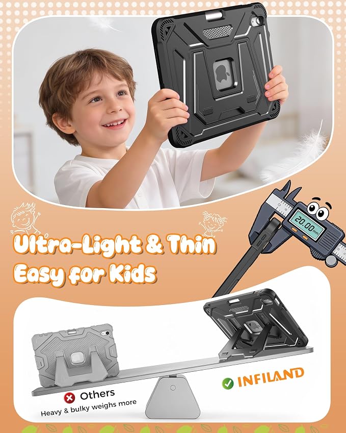 INFILAND Kids Case for iPad A16 11th Generation 11 Inch (2025) iPad 10th Generation 10.9 Inch (2022) Heavy Duty Rugged Shockproof Protective Cover with Dual-Support Folding Kickstand (Black)