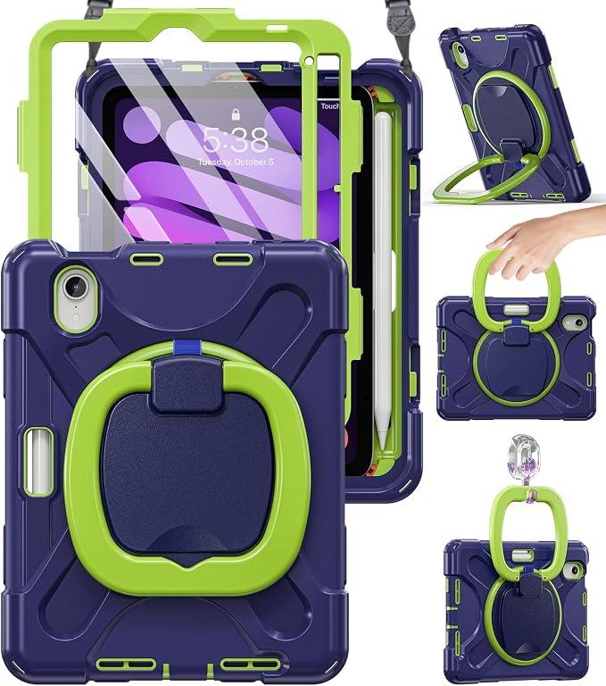 BRAECN Case for iPad mini 7 (A17 Pro) - iPad mini 7th/6th Generation Case | 8.3 Kids-Proof Protective Silicone Cover Screen Protector Pencil Holder Kickstand Handle Grip Shoulder Strap Black