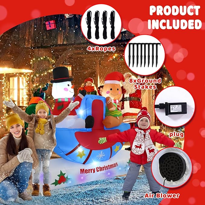 6FT Seesaw Snowman and Pancake Man, Built-in LED Lights and Colorful Rotating Lights, Suitable for Christmas Lawns, Gardens, Courtyards Outdoor Inflatable Decorations