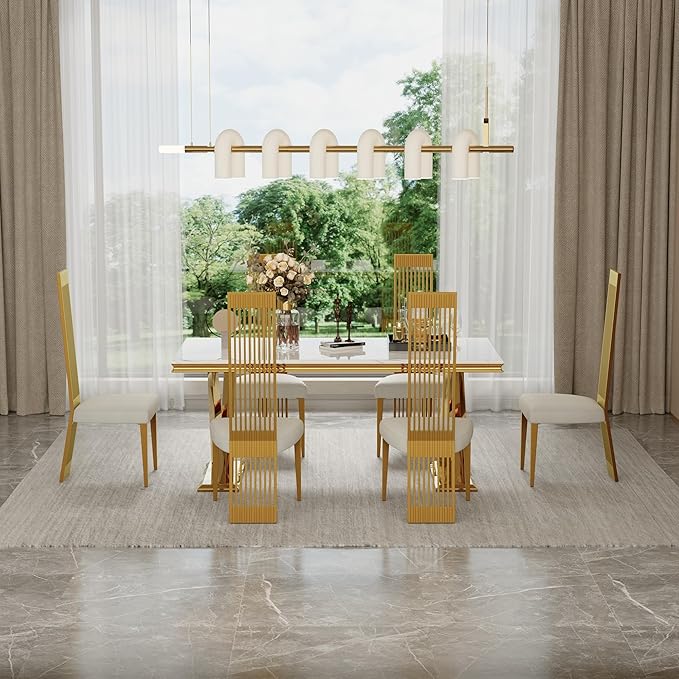 White and Gold Dining Chairs Set of 2, Upholstered High Back Dining Chairs with Brushed Stainless Steel Backrest and Legs, Modern Luxury Dining Room Chairs for Kitchen Living Room Restaurant