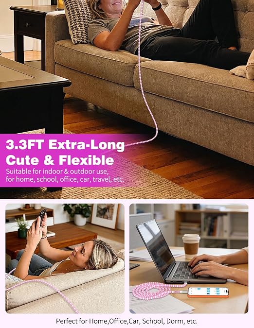 Jelanry 3FT USB-A to USB-C Fast Charging Cable Beaded &ampData Sync Women Girl | Cute kawaii beaded cable for iPhone 17/16/15 Samsung S26/S25/S24 Pixel iPad Fast charge for daily use office &amp tra