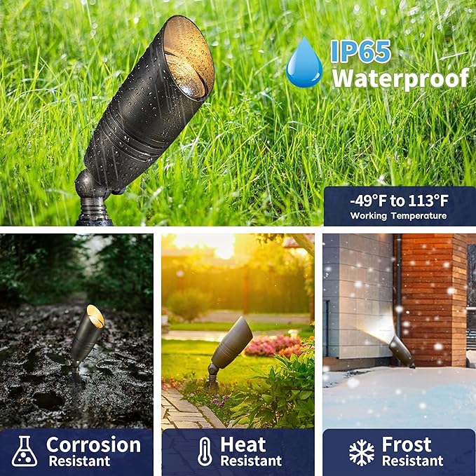 Die-Cast Brass Spot Light Outdoor - 12V LED Uplighting Waterproof, Low Voltage Landscape Lights Direct Wire, Bronze for Fence Fountain with Warm White MR16 Replaceable Bulbs (12 Pack)