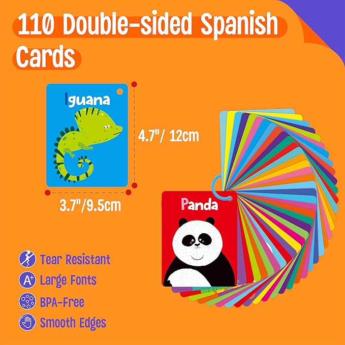 110 PCS Early Learning Flashcards, Double-Sided Spanish Cards- Alphabet, Numbers, Foods, Animals, Shapes, Colors, Emotions with 4 Reclosable Rings, Learning Tool for Pre-K Kindergarten Toddlers