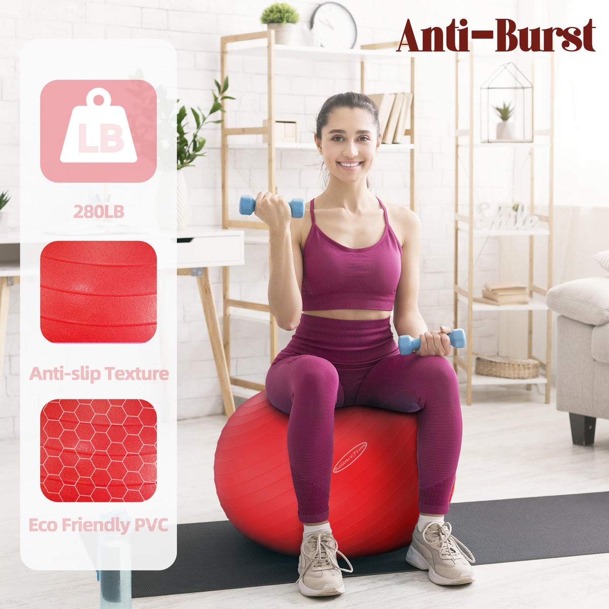Fitvids Anti-Burst and Slip Resistant Exercise Yoga Ball with Quick Pump 68-75cm, XL, Red