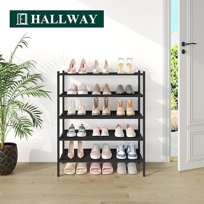 Smiry Bamboo Shoe Rack, 5 Tier Shoe Organizer for Entryway & Closet, Stackable Free Standing Storage Shelf for Shoes, Bags & Plants, Black