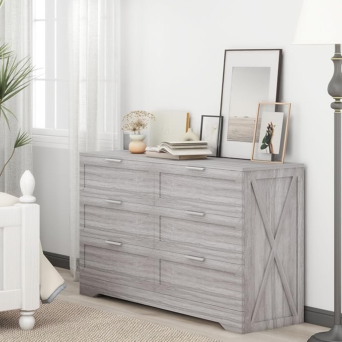 Modern 6-Drawer Dresser for Bedroom, Dresser Chest of Drawer with Large Drawers & Silver Handles, Wooden Dressers Drawers Storage Unit for Bedroom, Living Room, Closet (Wash Grey)