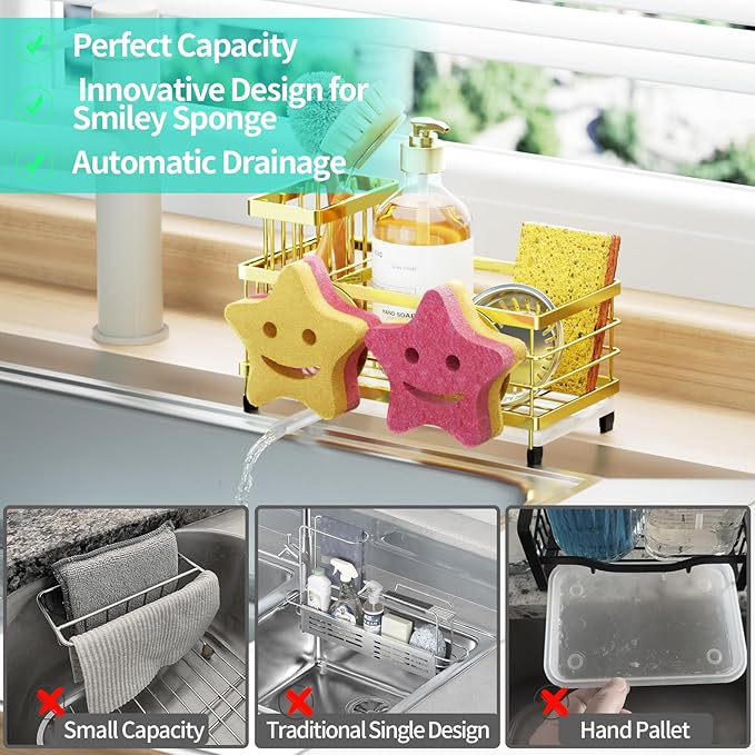 HapiRm Sink Caddy Sponge Holder - Self-draining Kitchen Sink Organizer with Smiley Face and Brush Holder, Stainless Steel Kitchen Sponge Caddy for Countertop - Gold