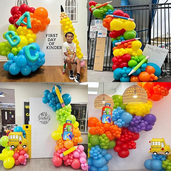 Back to School Balloon Garland Arch Kit, 164pcs Rainbow Balloons with Schoolbag Bus Foil Balloon for Back to School Decorations Kindergarten Graduation First Day of Party Supplies
