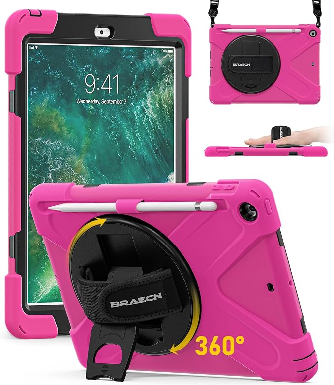 BRAECN Case for iPad 6th/5th Generation - 9.7 inch 2018/2017 Black | Protective Heavy Duty Shockproof Rugged Cover for Kids/Adults 360° Rotating Hand Strap/Stand &amp Detachable Shoulder Strap