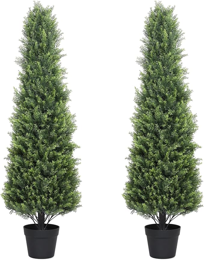 Artificial Cedar Topiary Trees Set of 2, 48'' UV Resistant Faux Cypress Pine Plants Outdoor, 4ft Large Realistic Faux Evergreen Cone Bushes & Shrubs for Front Porch Planter Christmas Decor