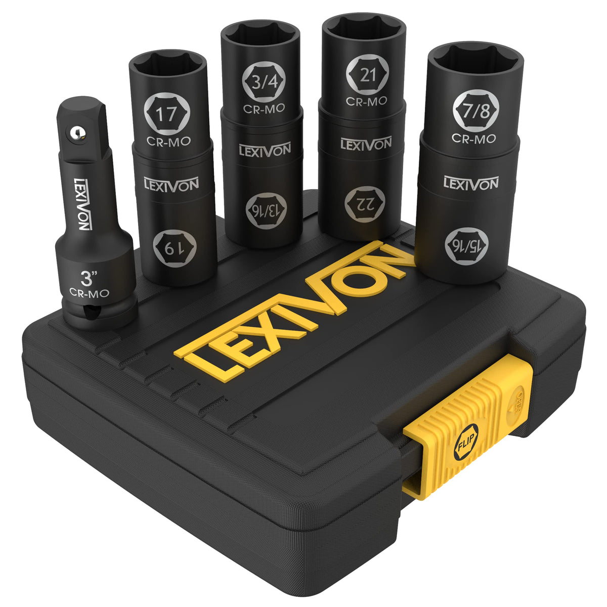 LEXIVON Lug Nut Impact Socket Set, 1/2-Inch Drive | Innovative 8-IN-4 Flip Socket Design, Covers Most Commonly Used Inch & Metric Wheel Nuts | Cr-Mo Steel = Full Impact Grade (LX-110)